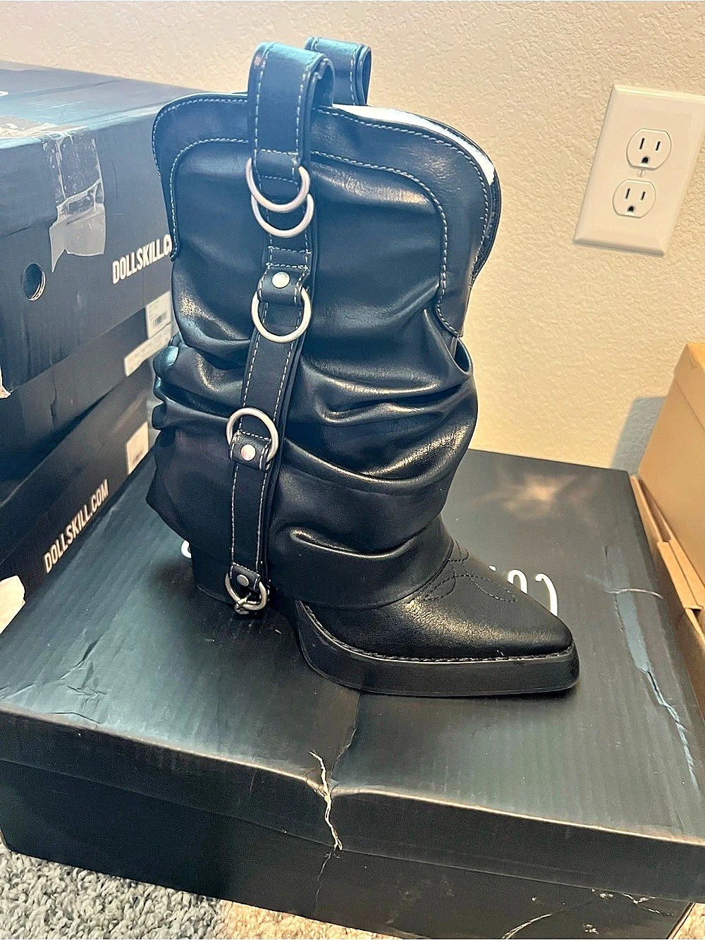 DOLLS KILL Widow Spiked O-Ring Cowboy Boots Black